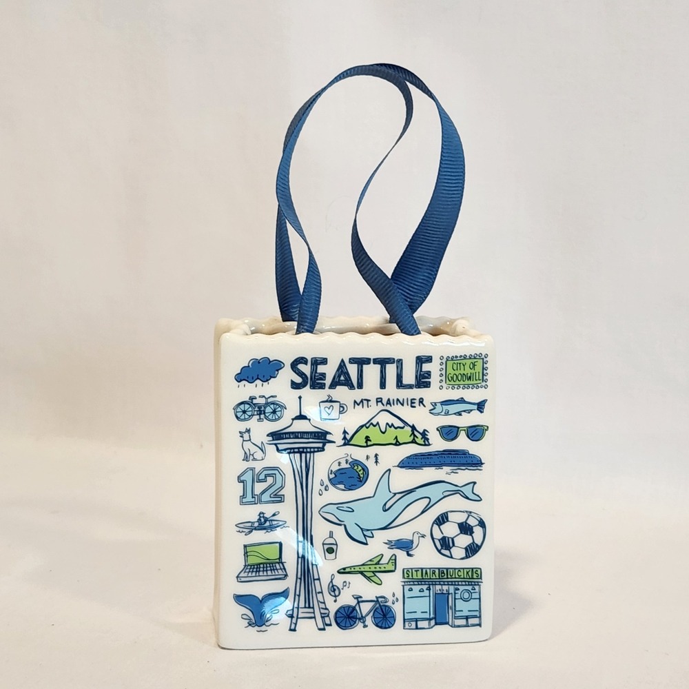 Starbucks Been There Series Seattle Ornament 2019 Ceramic Shopping Bag w/ Ribbon